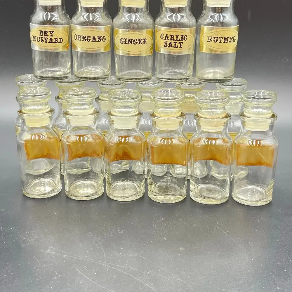 Vintage Spice Apothecary Jars Clear Glass Bottles Lot of 17 MCM